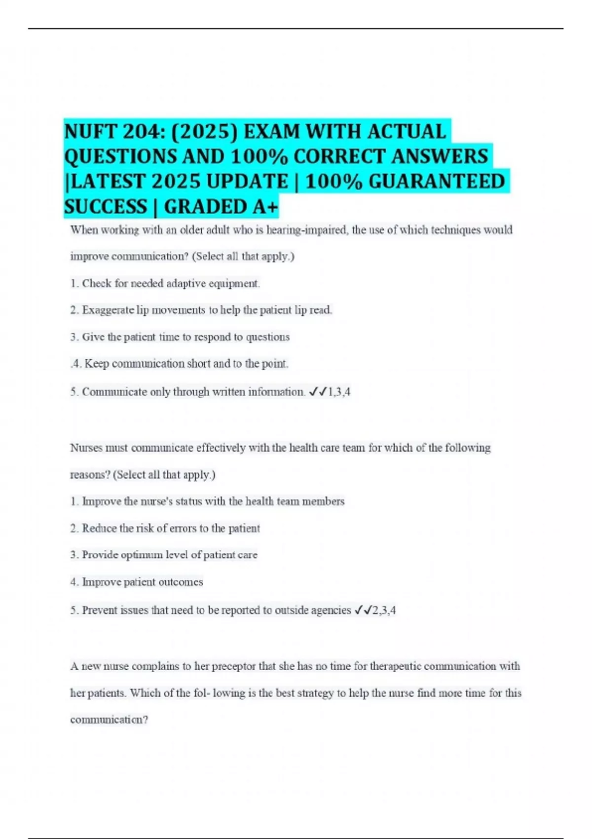 NUFT 204: (2025) EXAM WITH ACTUAL QUESTIONS AND 100% CORRECT ANSWERS ...