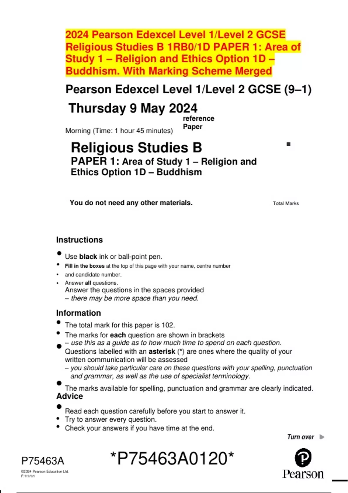 2024 Pearson Edexcel Level 1/Level 2 GCSE Religious Studies B 1RB0/1D ...