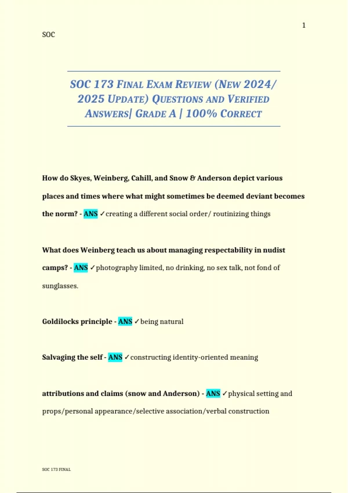 SOC 173 FINAL EXAM REVIEW (NEW 2024/ 2025 UPDATE) QUESTIONS AND ...