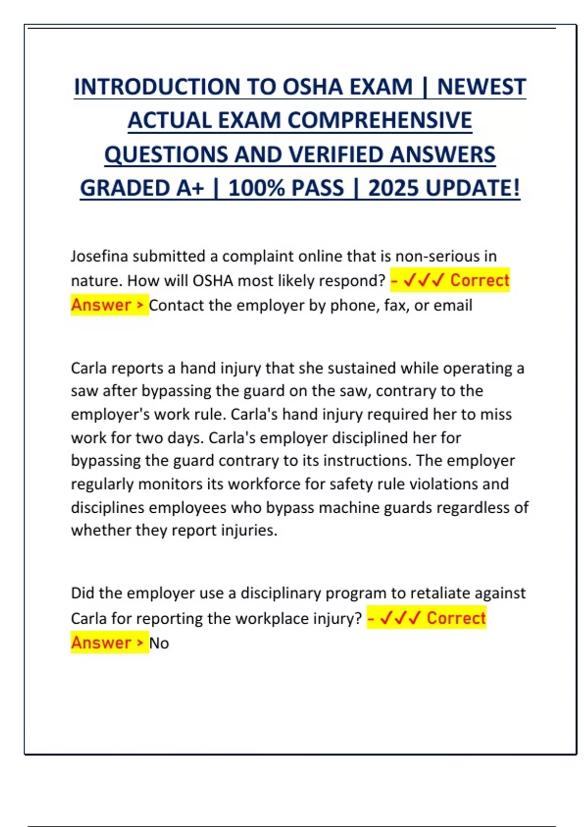 INTRODUCTION TO OSHA EXAM | NEWEST ACTUAL EXAM COMPREHENSIVE QUESTIONS ...