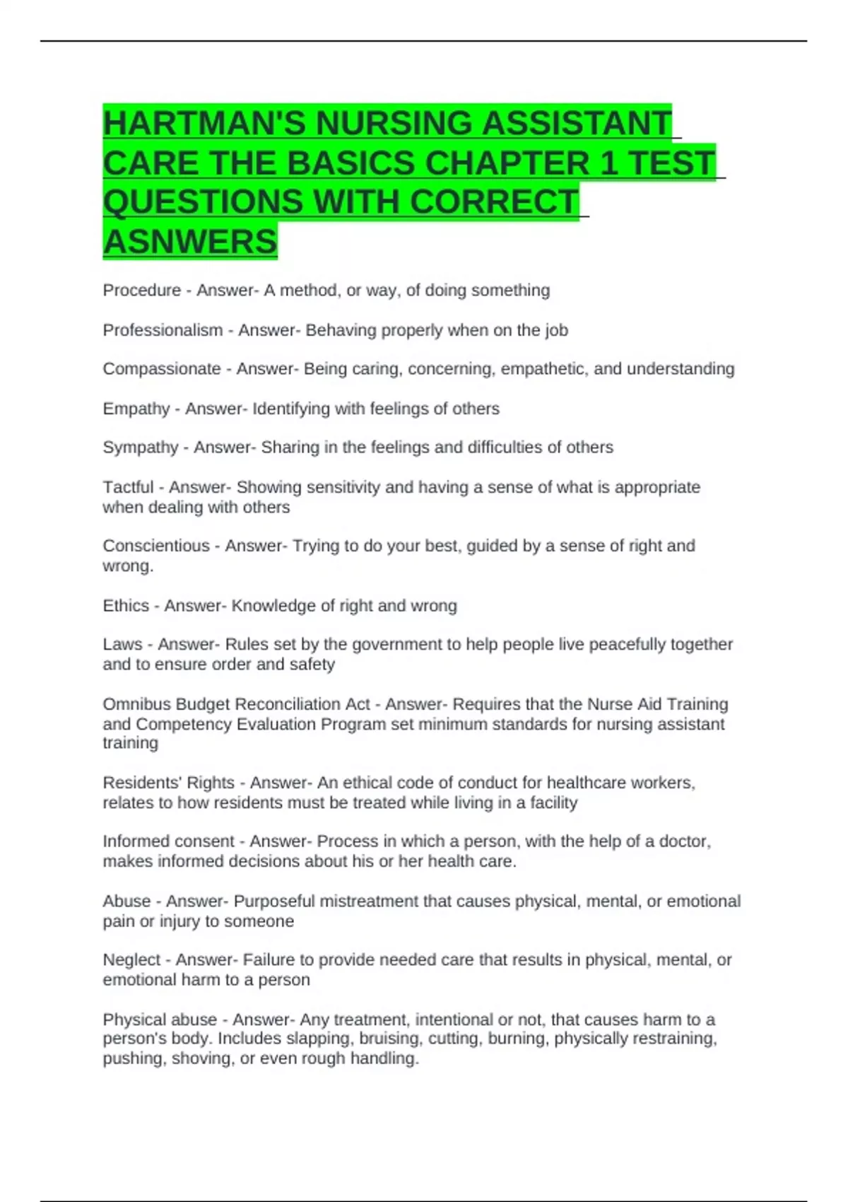 HARTMAN'S NURSING ASSISTANT CARE THE BASICS CHAPTER 1 TEST QUESTIONS ...