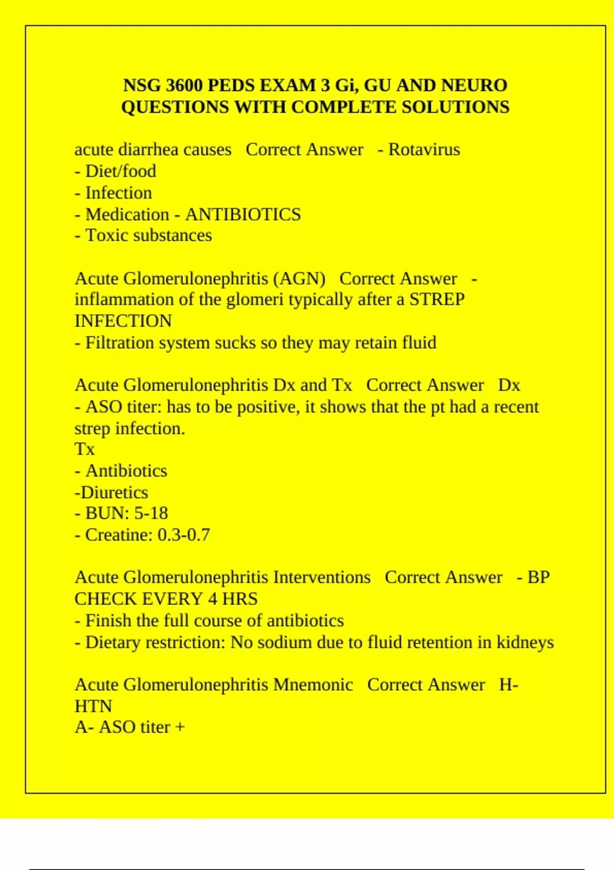 NSG 3600 PEDS EXAM 3 Gi, GU AND NEURO QUESTIONS WITH COMPLETE SOLUTIONS ...