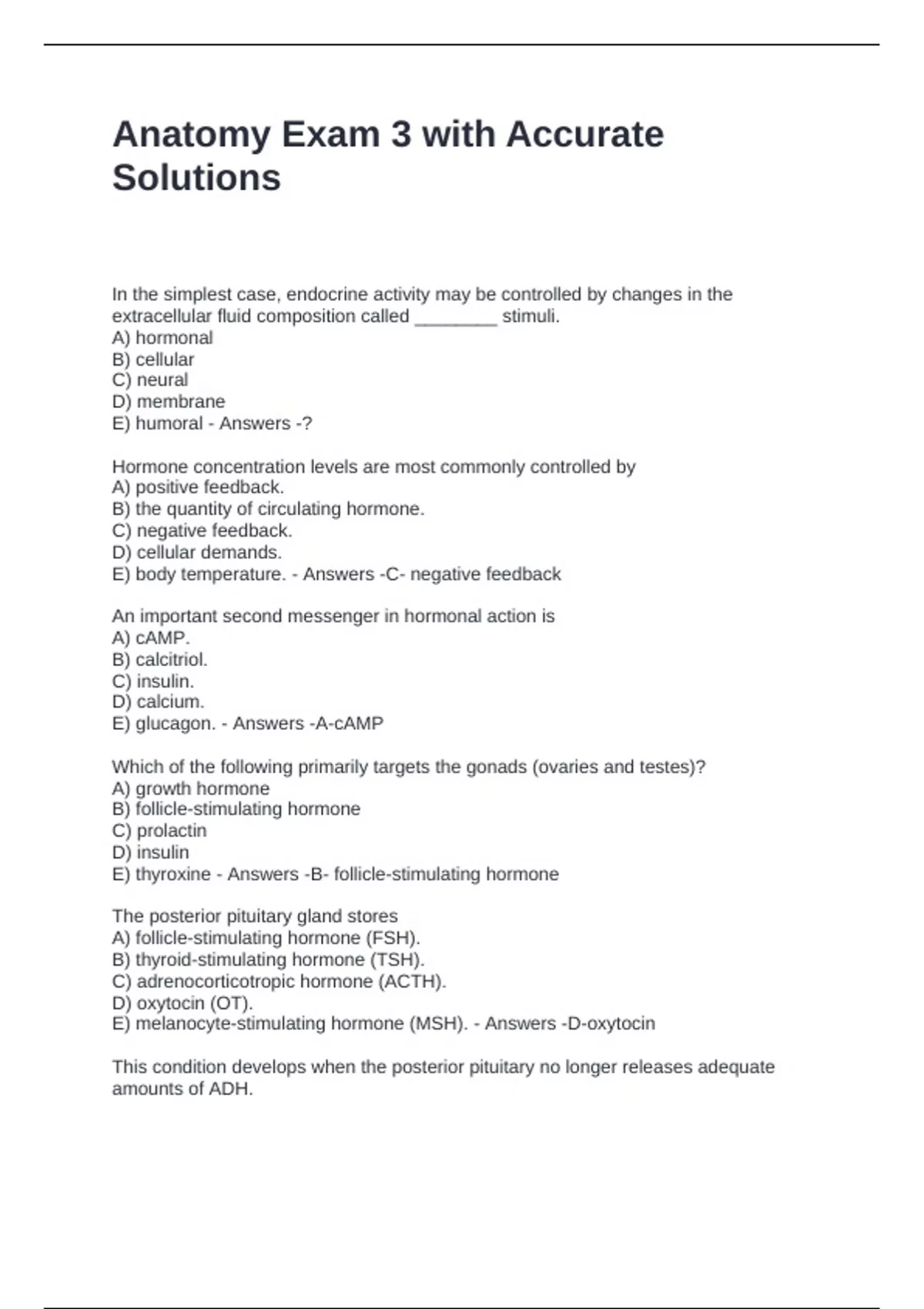 Anatomy Exam 3 with Accurate Solutions - Human anatomy - Stuvia US