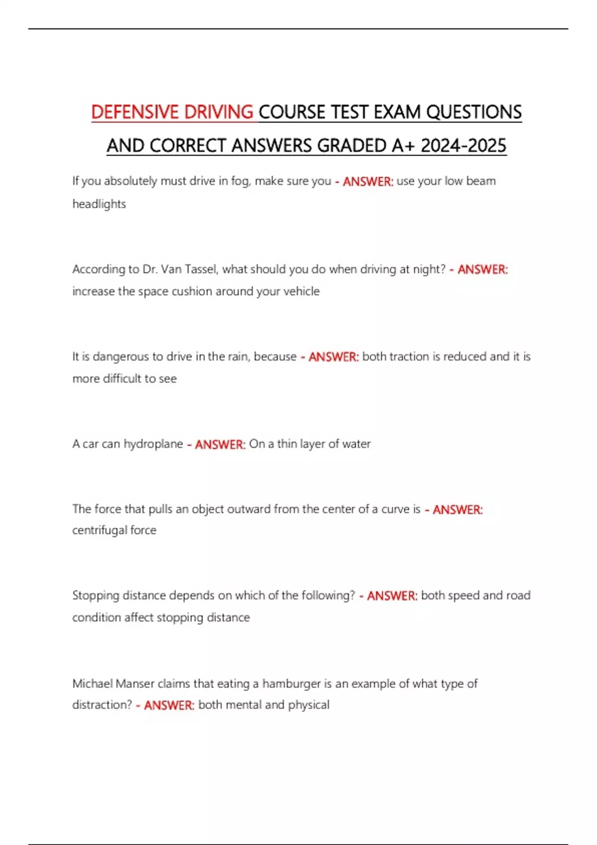 DEFENSIVE DRIVING COURSE TEST EXAM QUESTIONS AND CORRECT ANSWERS GRADED A+ - DEFENSIVE DRIVING ...