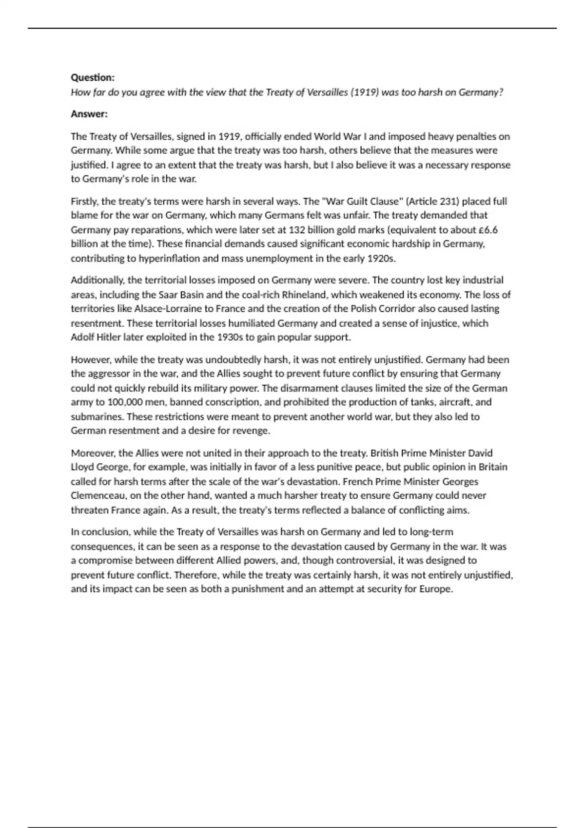 Treaty of Versailles Model Answer - History - Stuvia UK