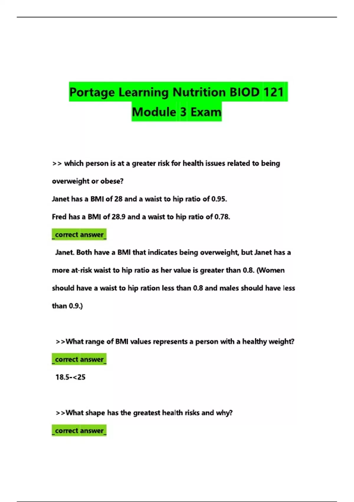 Portage Learning Nutrition BIOD 121 Module 3 Exam - BIOD 121 - Stuvia US