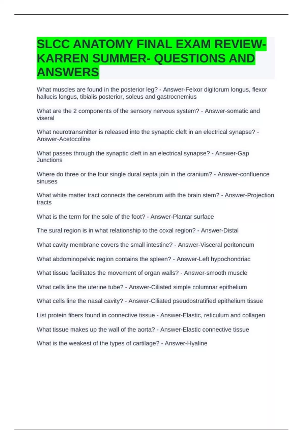 SLCC ANATOMY FINAL EXAM REVIEW- KARREN SUMMER- QUESTIONS AND ANSWERS ...
