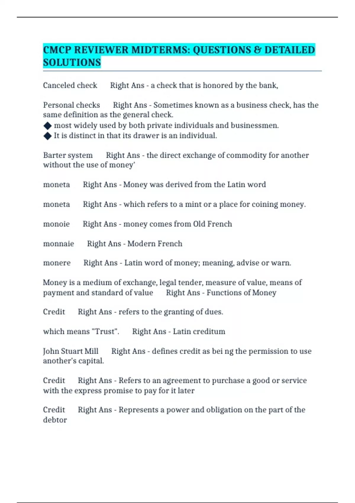 CMCP REVIEWER MIDTERMS: QUESTIONS & DETAILED SOLUTIONS - CMCP - Stuvia US