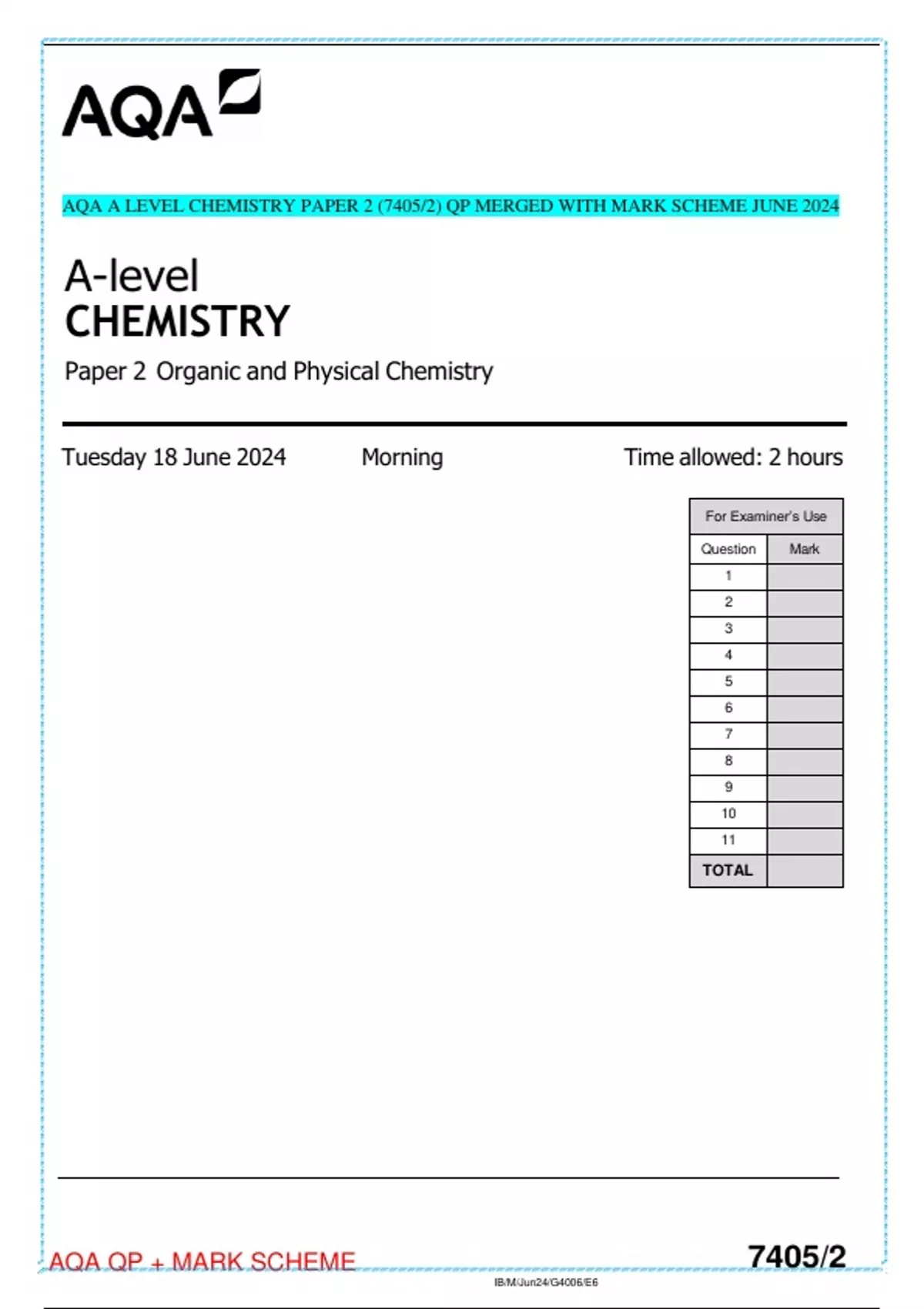 AQA A LEVEL CHEMISTRY PAPER 2 (7405/2) QP MERGED WITH MARK SCHEME JUNE ...