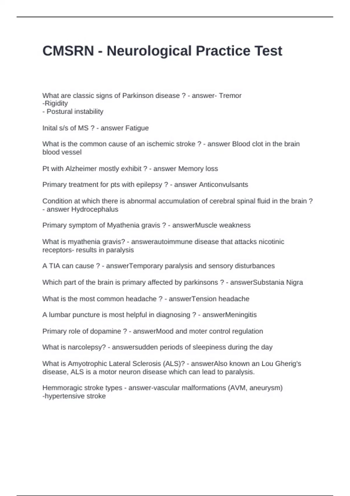 CMSRN - Neurological Practice Test Questions and Answers 2024 - CMSRN ...