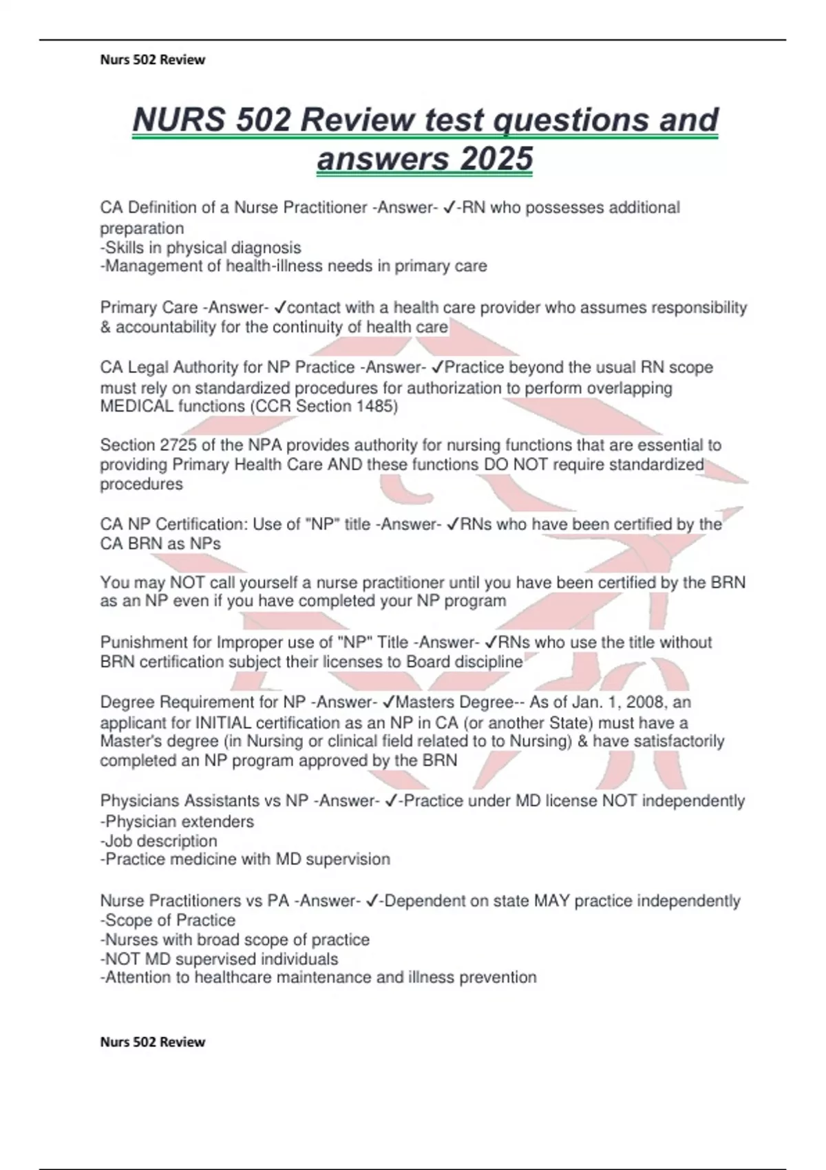 NURS 502 Review test questions and answers 2025 - NURS 502 - Stuvia US