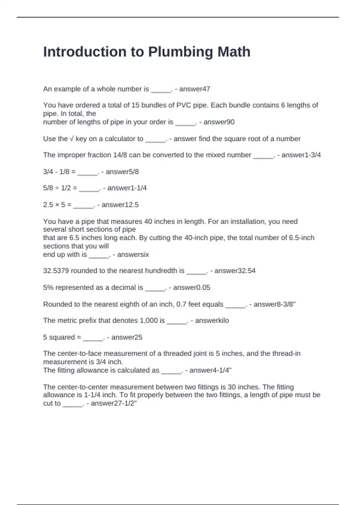 Plumbing Math Quick Card Introduction to Plumbing Math Questions with Rationale - Plumbing ...