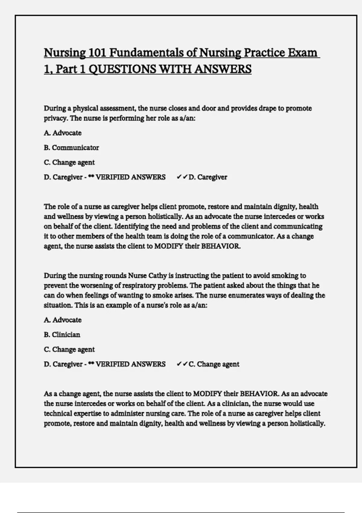Nursing 101 Fundamentals of Nursing Practice Exam 1, Part 1 QUESTIONS ...