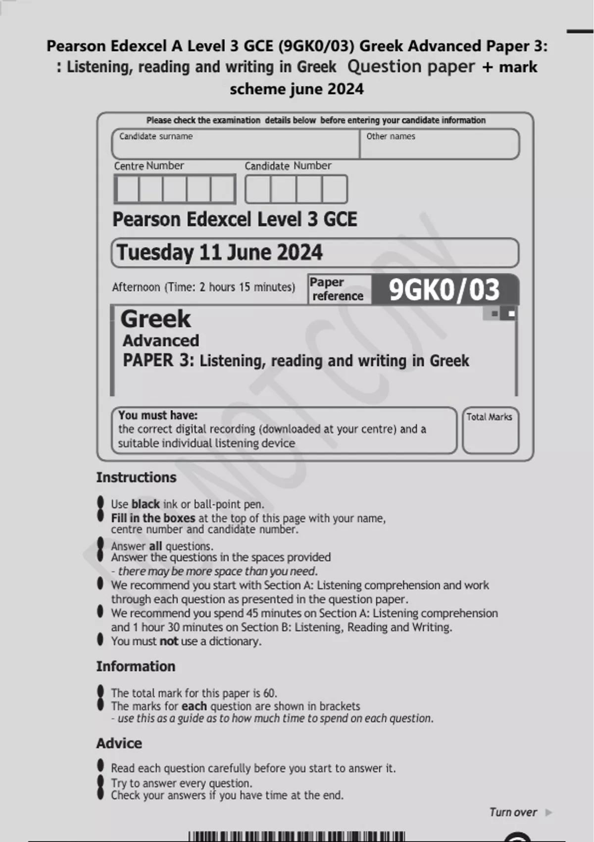 Pearson Edexcel A Level 3 GCE (9GK0/03) Greek Advanced Paper 3 ...