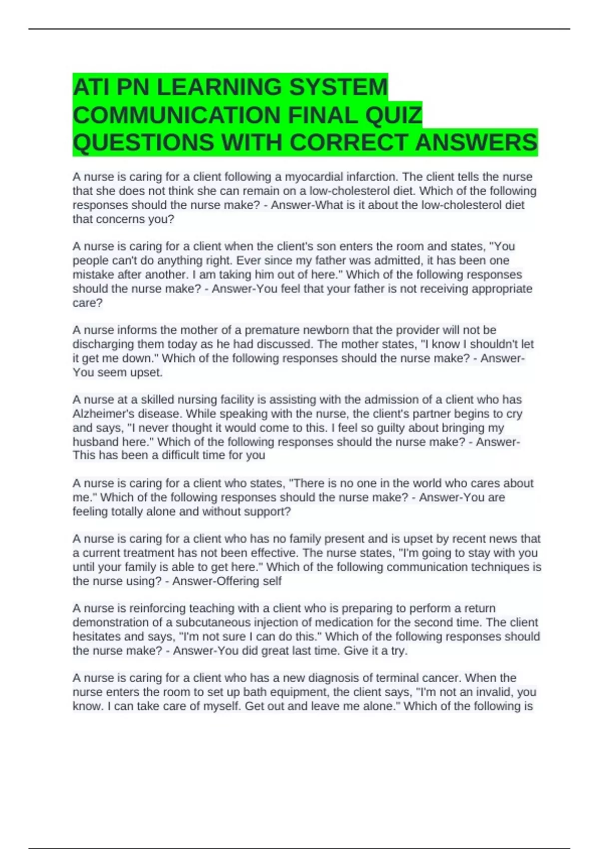 ATI PN LEARNING SYSTEM COMMUNICATION FINAL QUIZ QUESTIONS WITH CORRECT ...