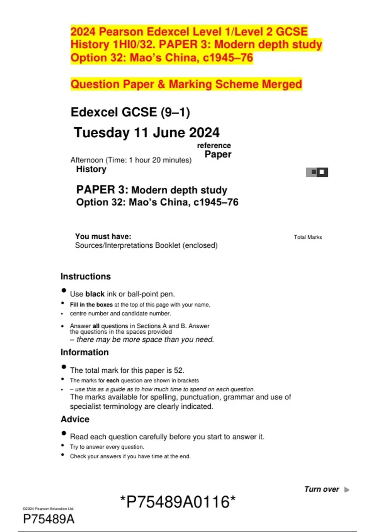 2024 Pearson Edexcel Level 1/Level 2 GCSE History 1HI0/32. PAPER 3 ...
