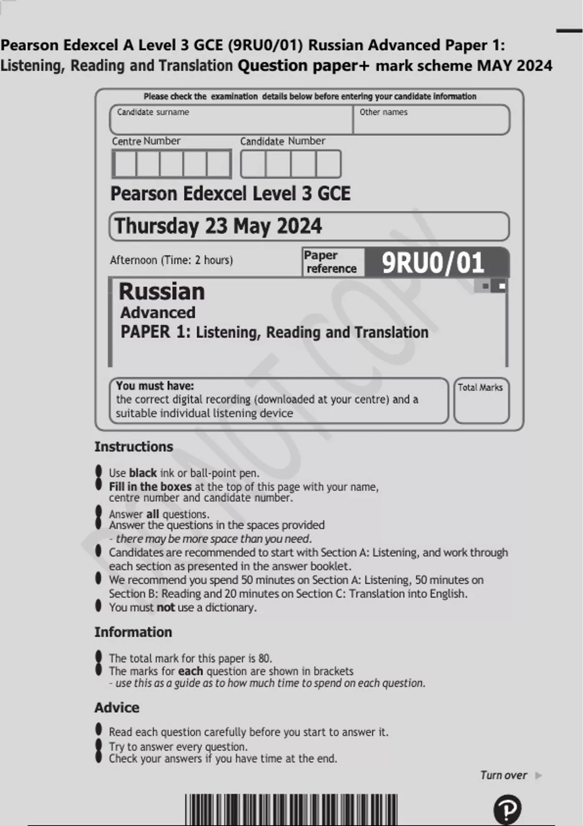 Pearson Edexcel A Level 3 GCE (9RU0/01) Russian Advanced Paper 1 ...