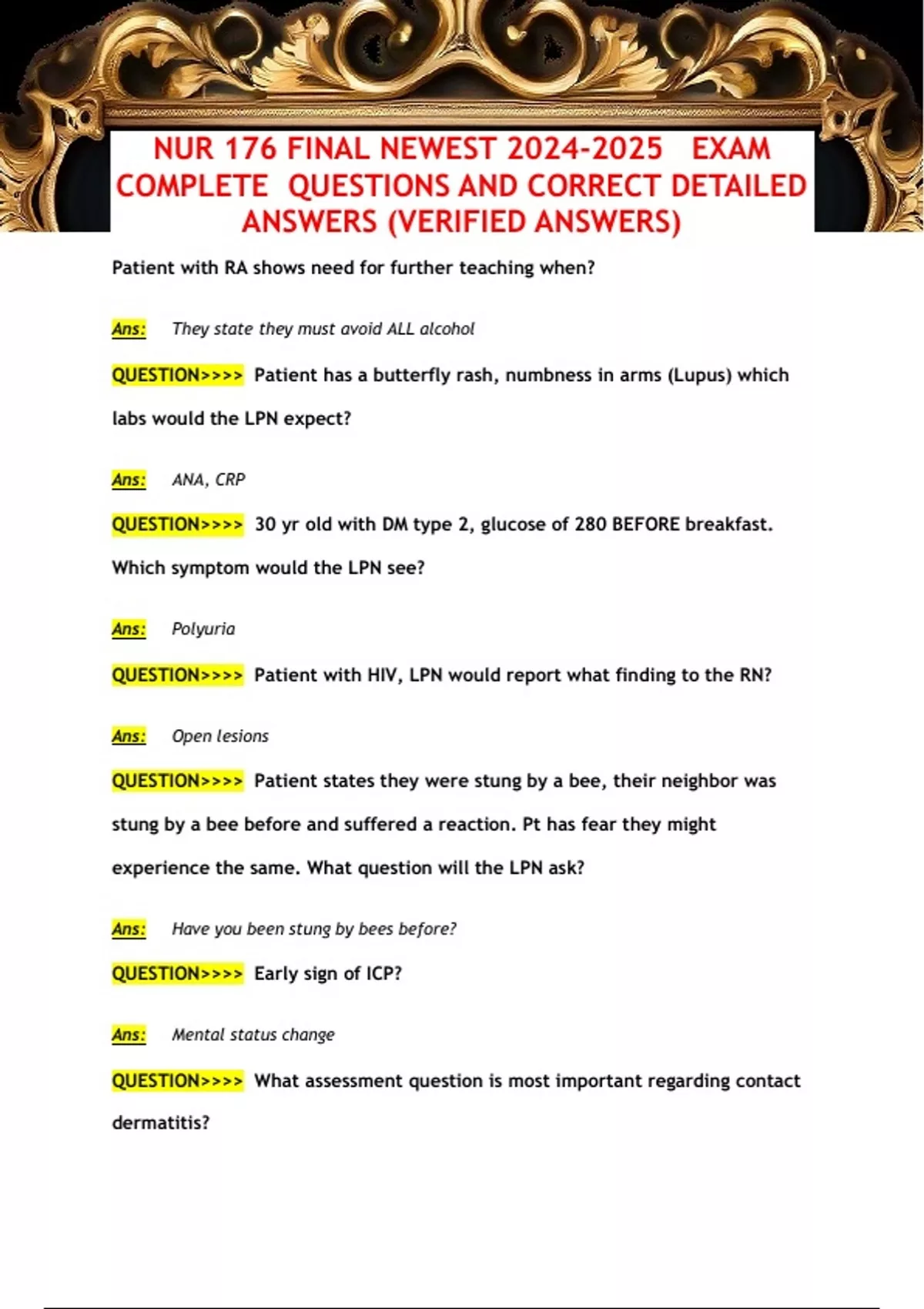 NUR 176 FINAL NEWEST EXAM COMPLETE QUESTIONS AND CORRECT DETAILED ...