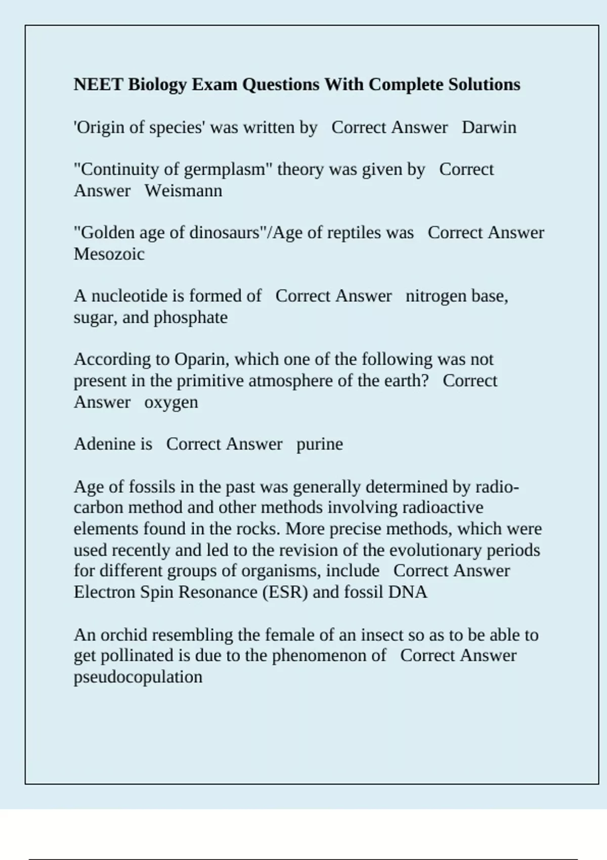NEET Biology Exam Questions With Complete Solutions - Neet - Stuvia US