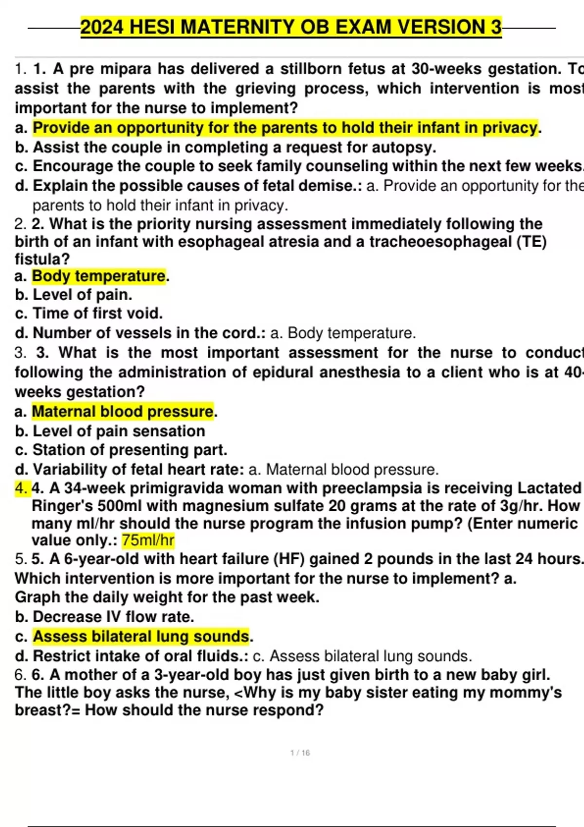 SI MATERNITY OB EXAM 2024 LATEST 2 DIFFERENT VERSIONS 110 QUESTIONS AND ...