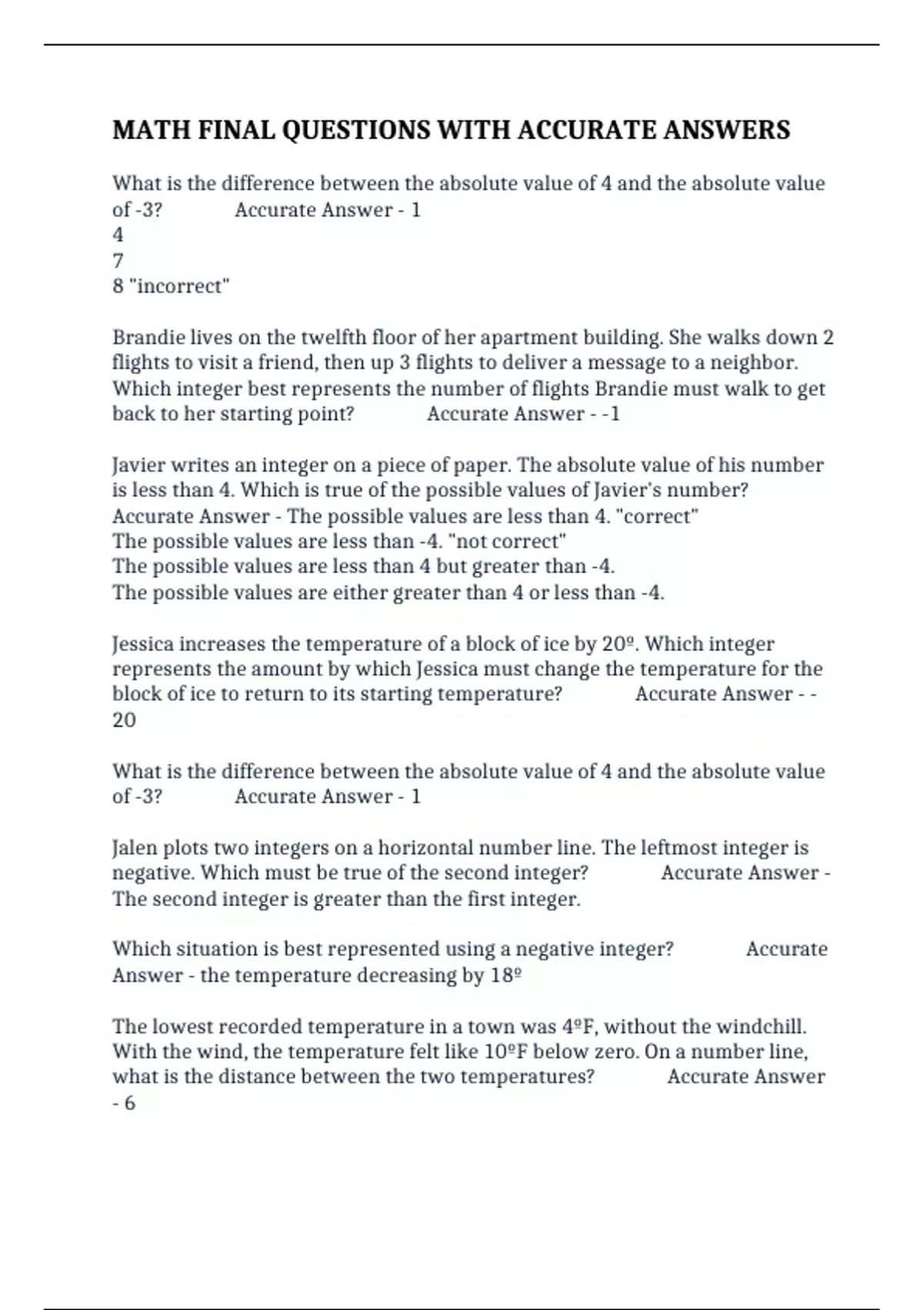 MATH FINAL QUESTIONS WITH ACCURATE ANSWERS - BASIC MATHS - Stuvia US