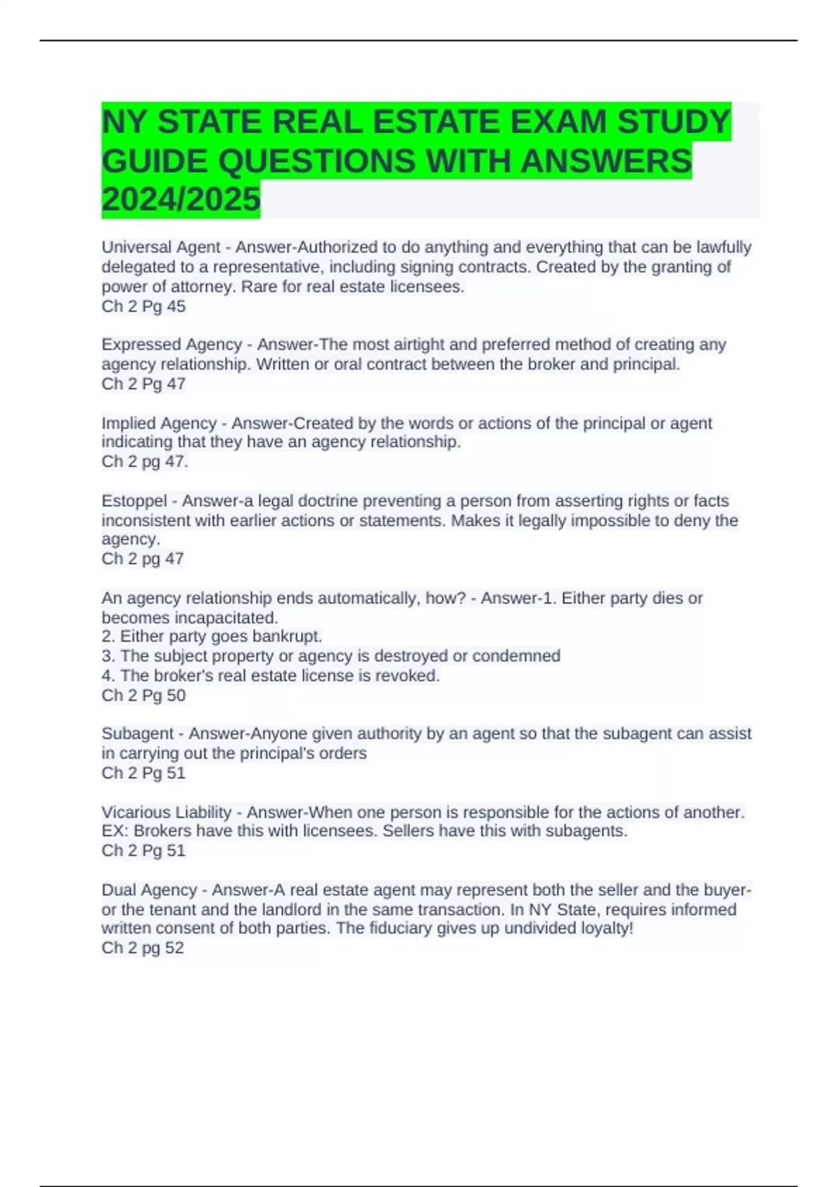 NY STATE REAL ESTATE EXAM STUDY GUIDE QUESTIONS WITH ANSWERS 2024/2025 ...