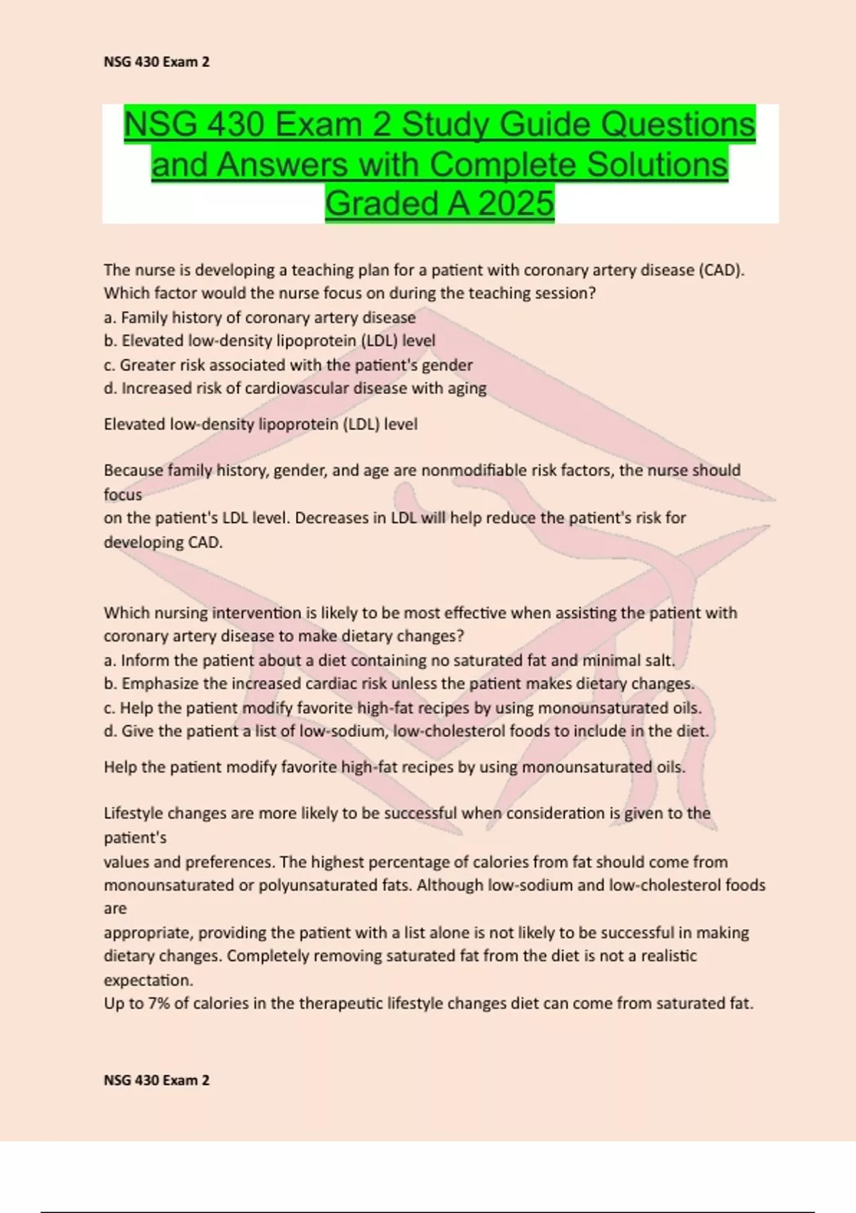 NSG 430 Exam 2 Study Guide Questions and Answers with Complete ...