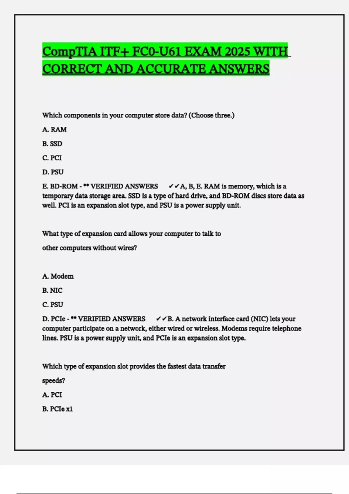 CompTIA ITF+ FC0-U61 EXAM 2025 WITH CORRECT AND ACCURATE ANSWERS ...