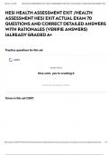 HESI HEALTH ASSESSMENT EXIT &sol;HEALTH ASSESSMENT HESI EXIT ACTUAL EXAM 70 QUESTIONS AND CORRECT DETAILED ANSWERS WITH RATIONALES &lpar;VERIFIE ANSWERS&rpar; &vert;ALREADY GRADED A&plus;