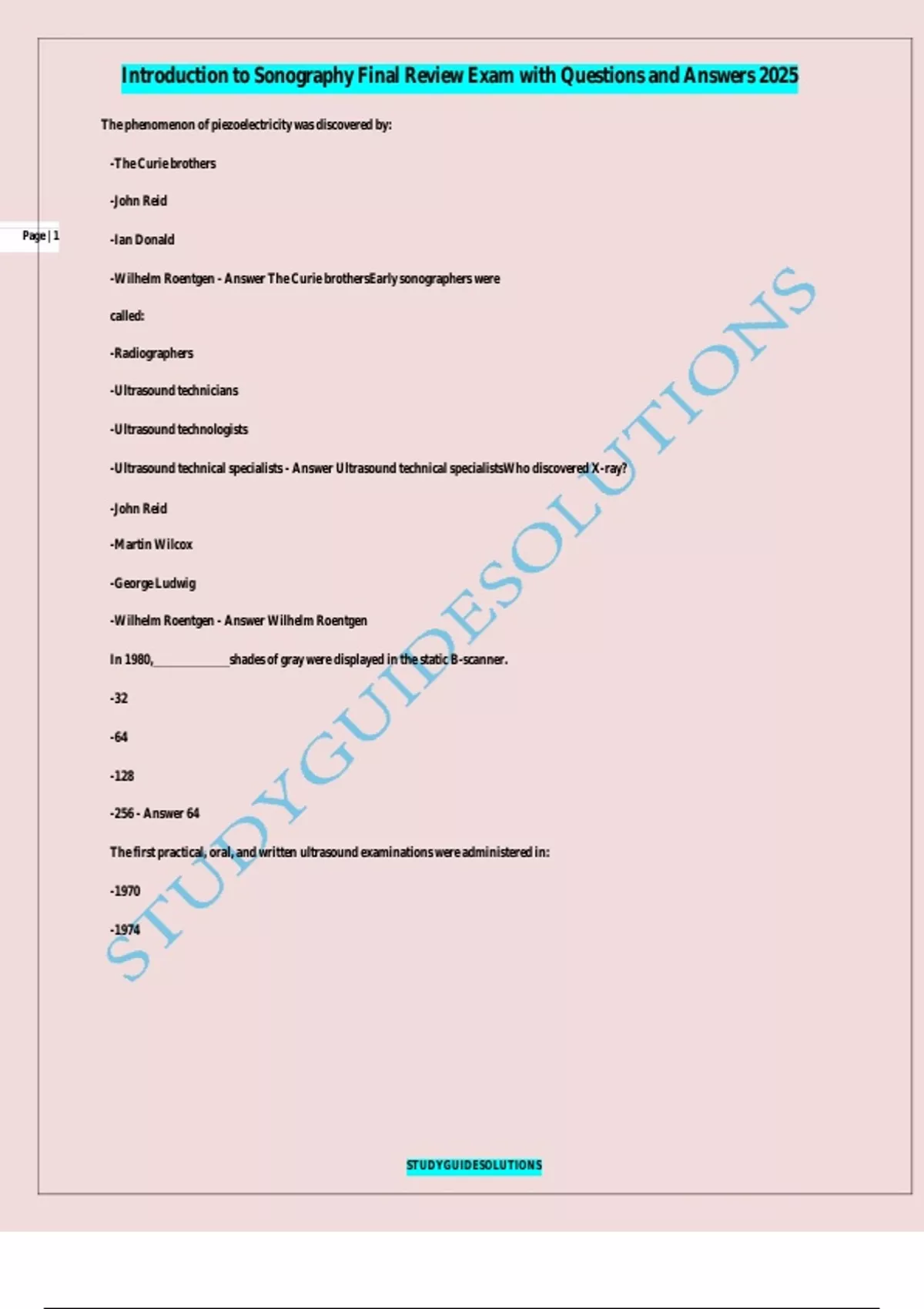 Introduction to Sonography Final Review Exam with Questions and Answers ...