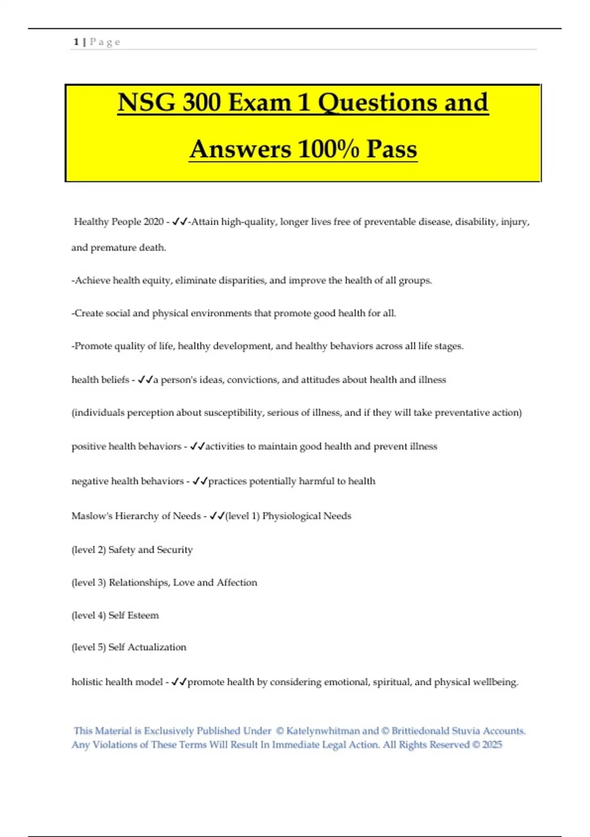 NSG 300 Exam 1 Questions and Answers 100% Pass - NSG 300 - Stuvia US