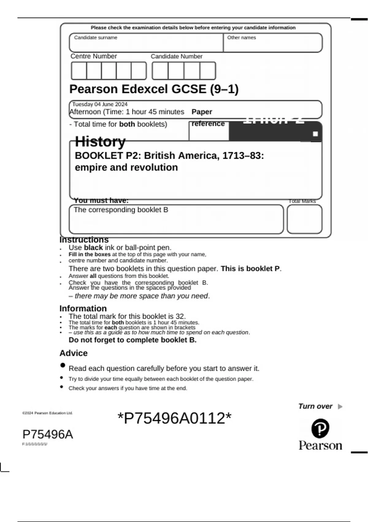 Pearson Edexcel GCSE History June 2024: British America (1713–1783 ...