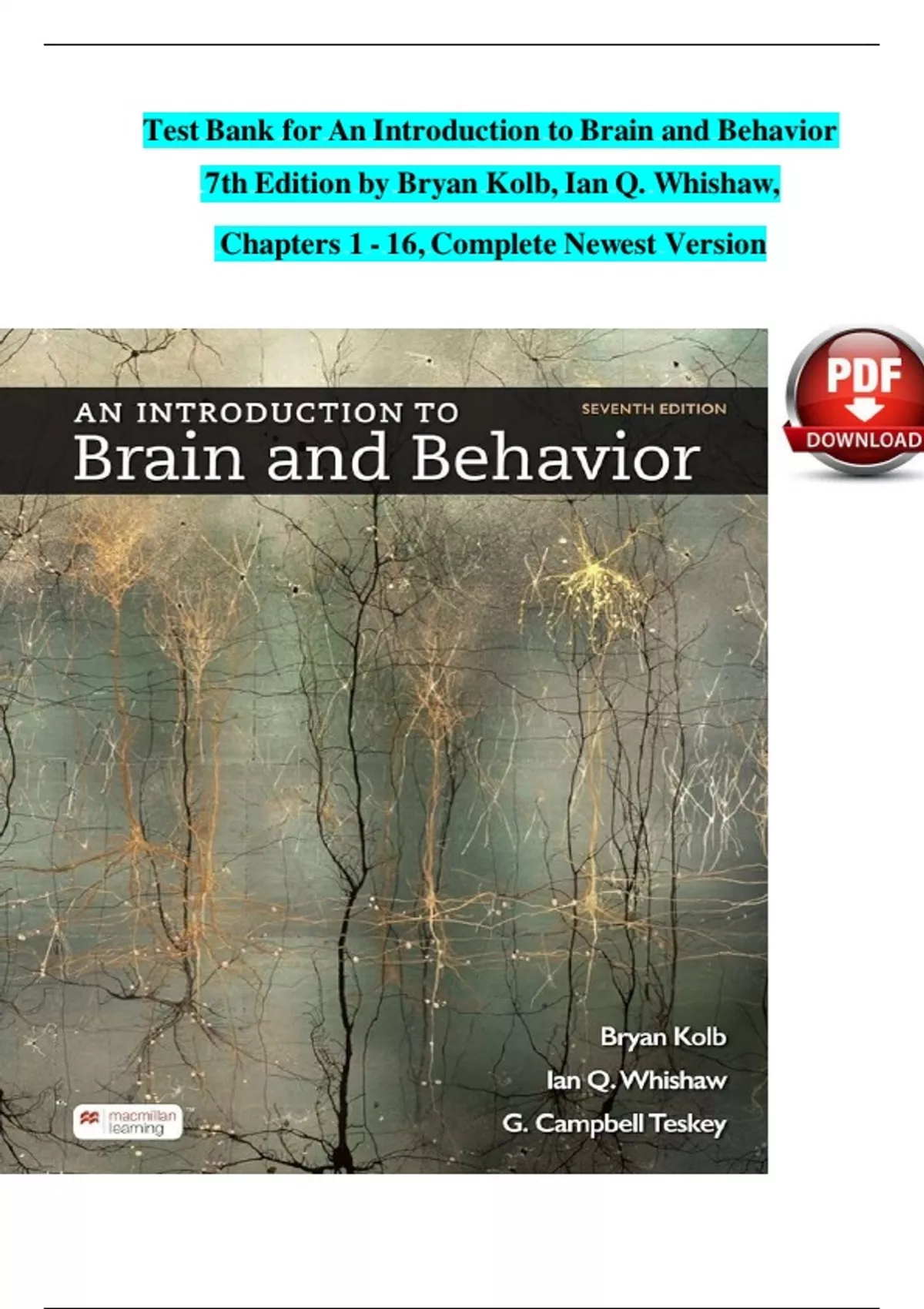Test Bank for An Introduction to Brain and Behavior 7th