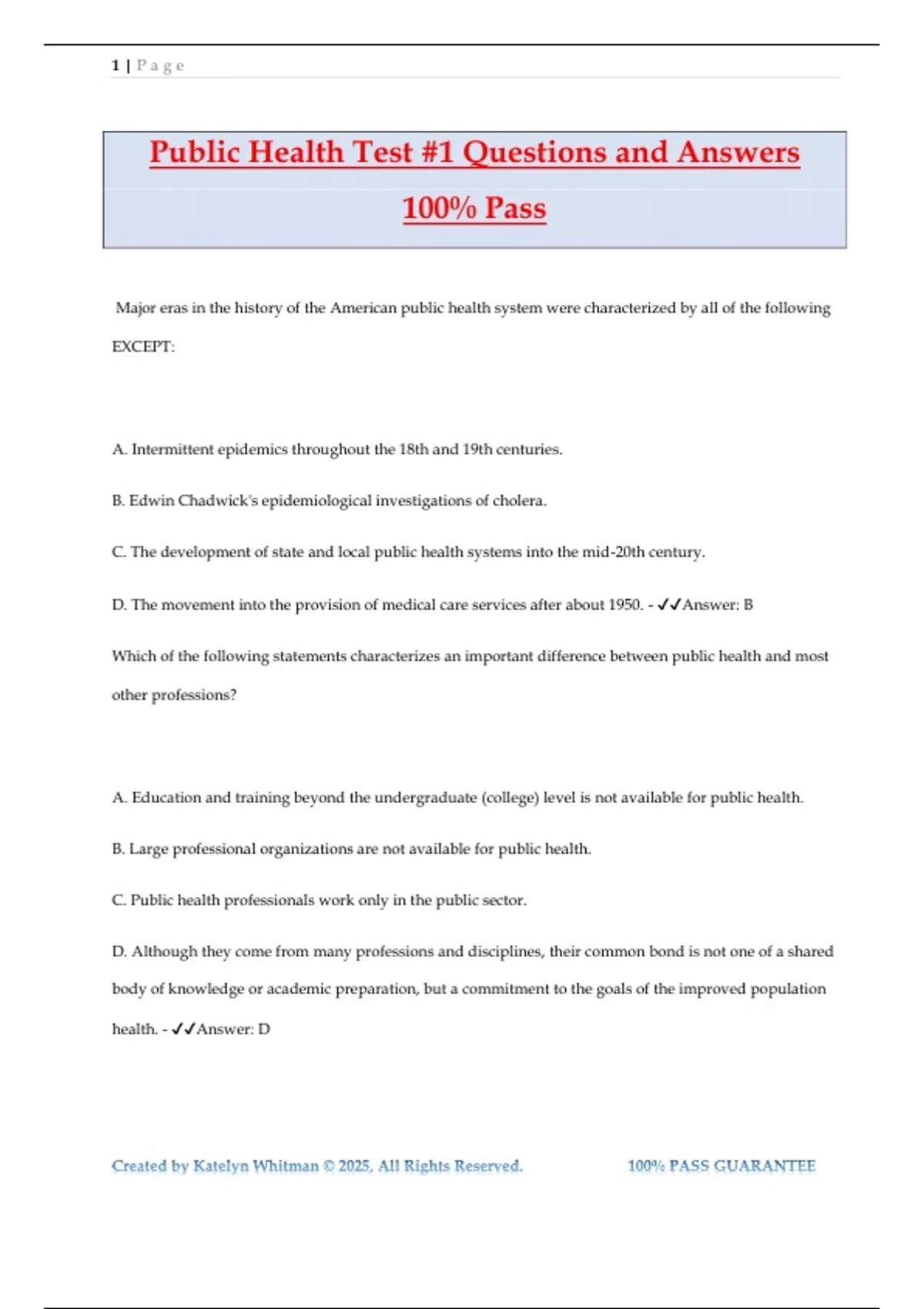 Public Health Test #1 Questions and Answers 100% Pass - CDC - Stuvia US