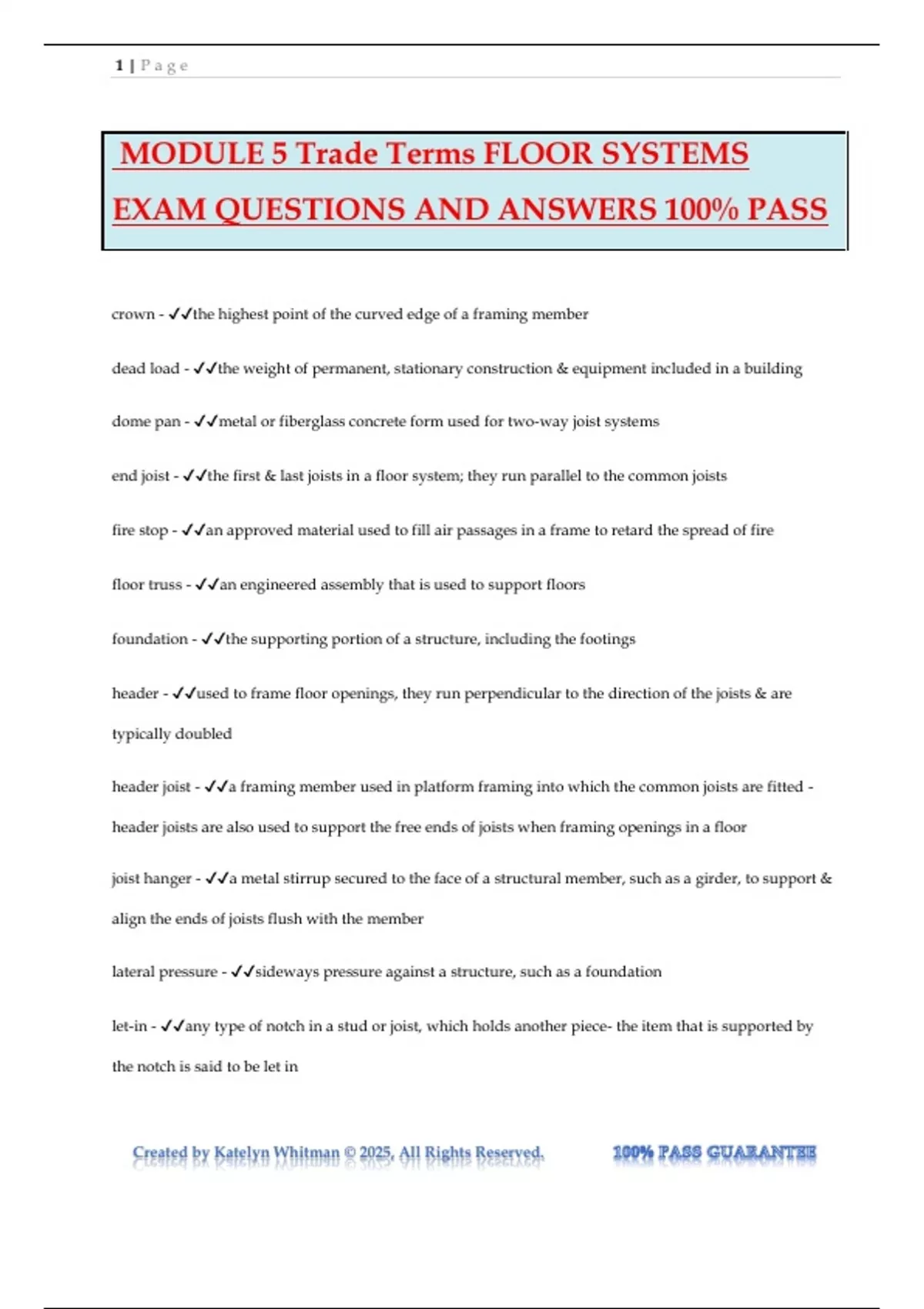 MODULE 5 Trade Terms FLOOR SYSTEMS EXAM QUESTIONS AND ANSWERS 100% PASS ...