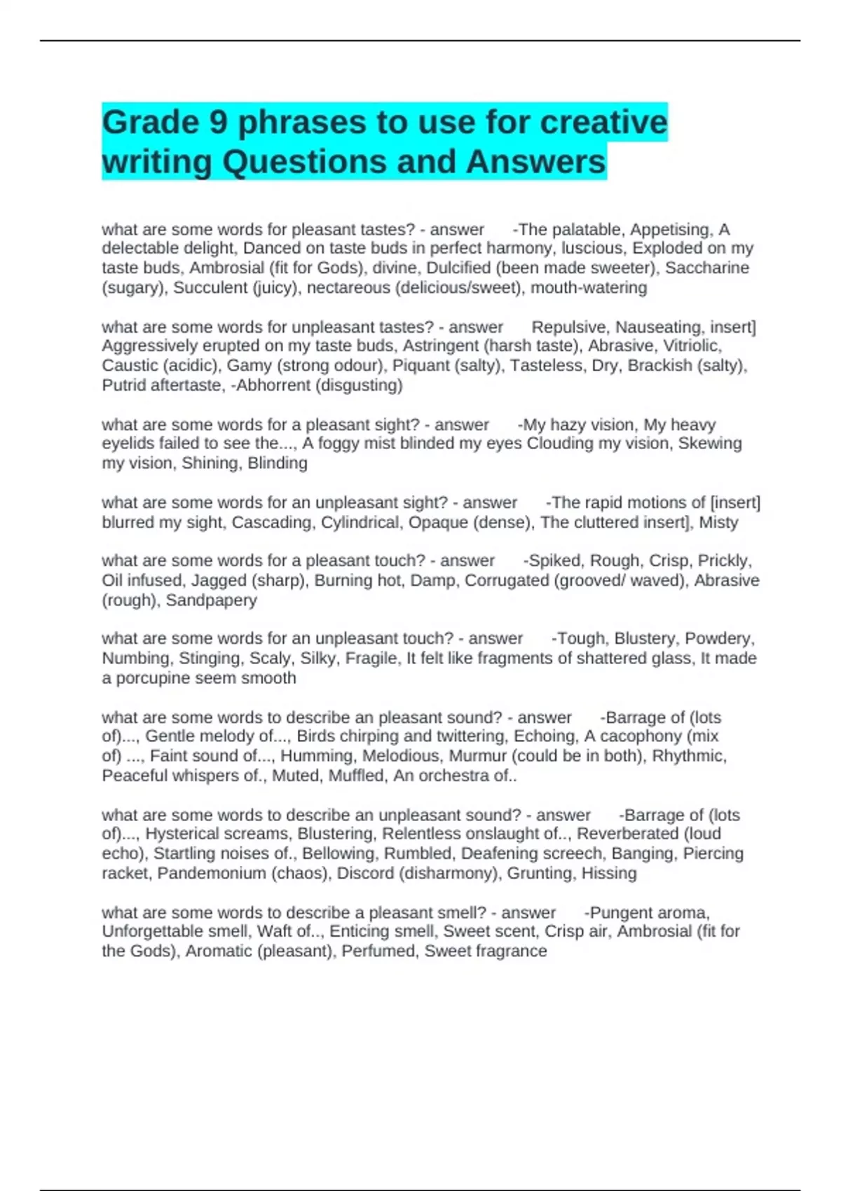 Grade 9 phrases to use for creative writing Questions and Answers ...