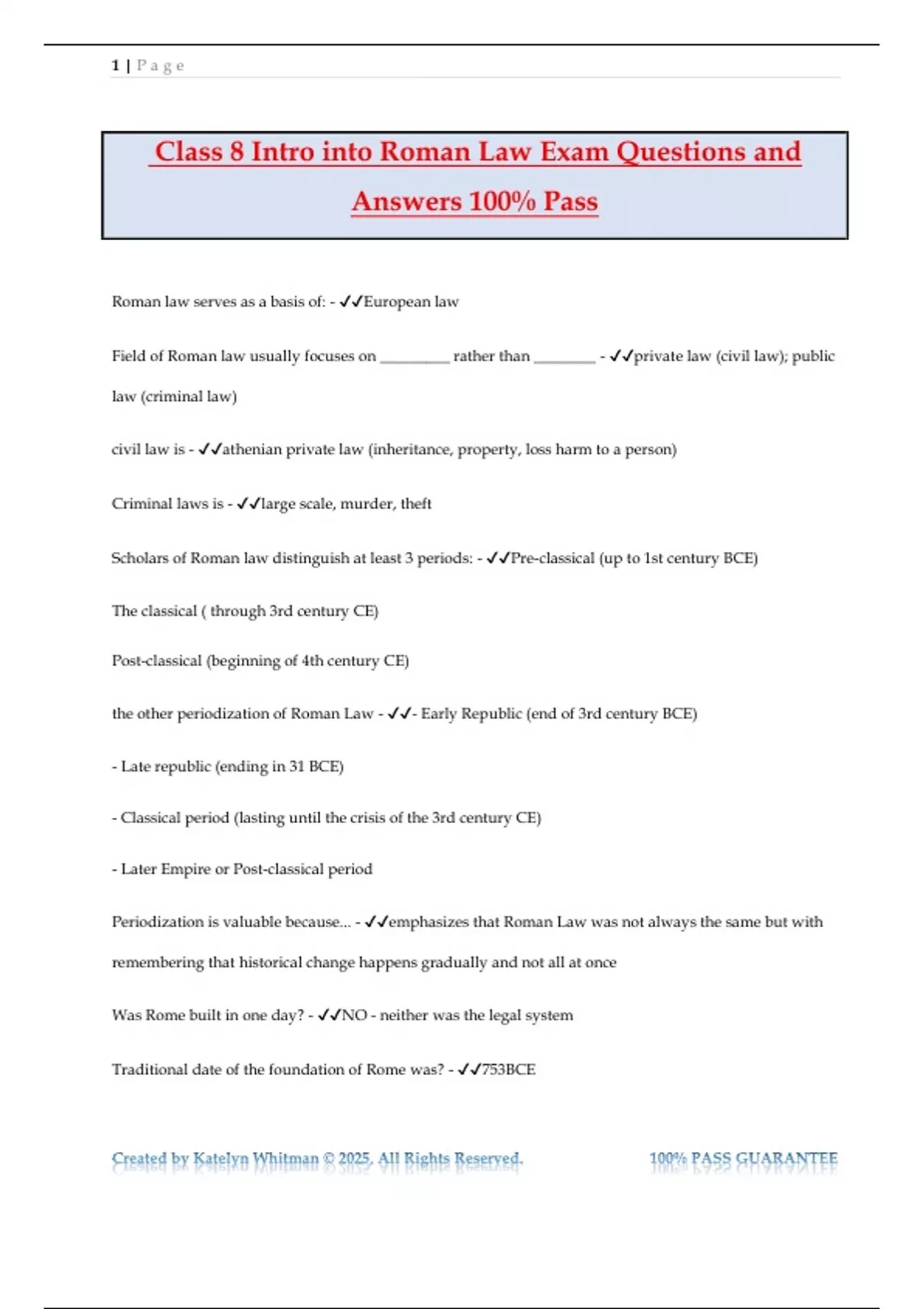 Class 8 Intro into Roman Law Exam Questions and Answers 100% Pass ...