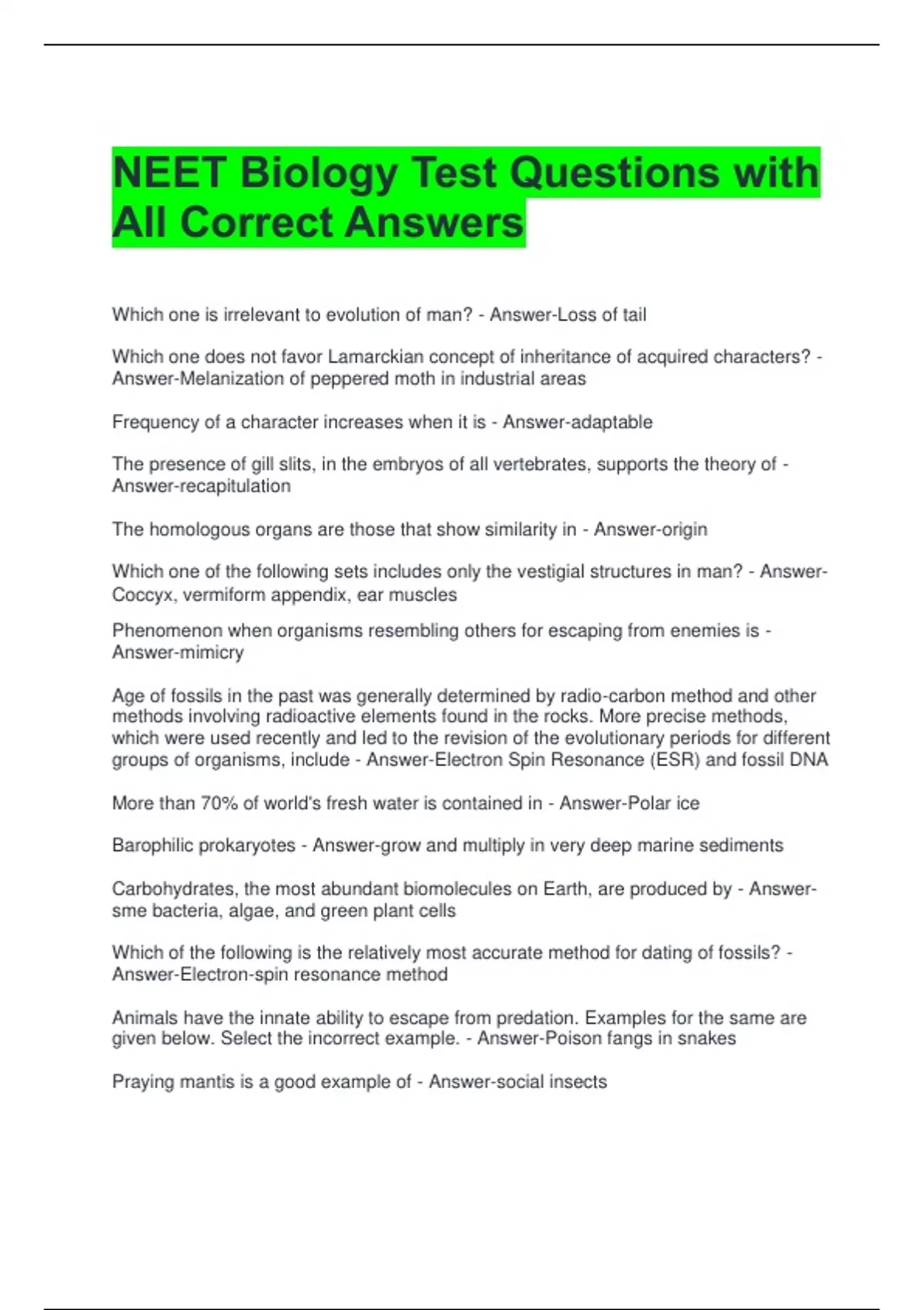NEET Biology Test Questions with All Correct Answers - NEET Biology ...