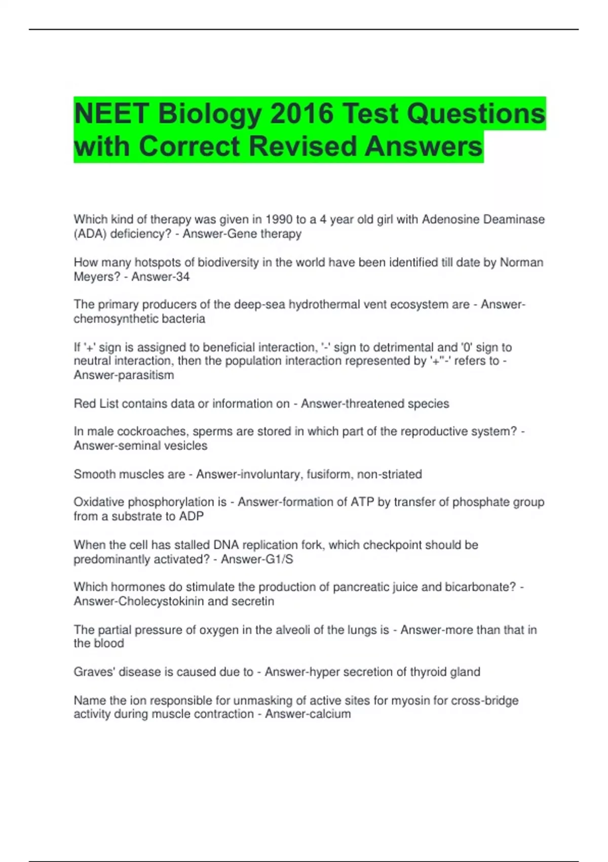 NEET Biology 2016 Test Questions with Correct Revised Answers - NEET ...