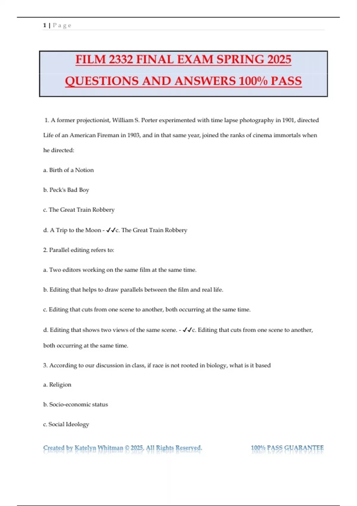FILM 2332 FINAL EXAM SPRING 2025 QUESTIONS AND ANSWERS 100% PASS - FILM ...
