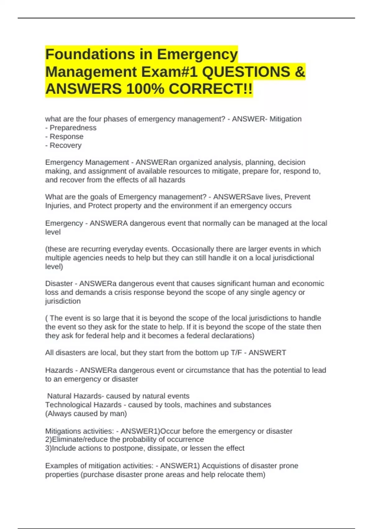 Foundations in Emergency Management Exam#1 QUESTIONS & ANSWERS 100% ...