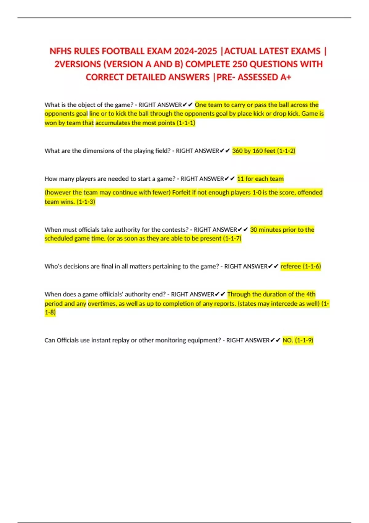 NFHS RULES FOOTBALL EXAM |ACTUAL LATEST EXAMS |2VERSIONS (VERSION A AND ...