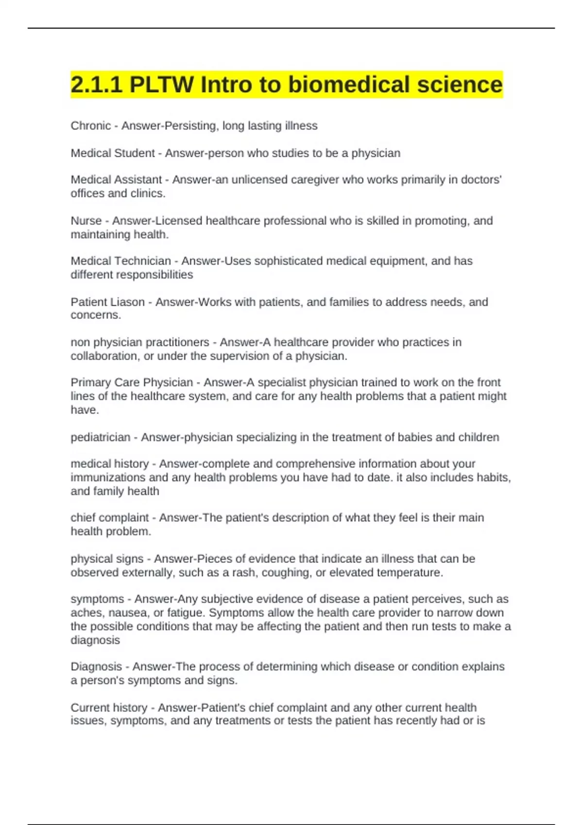 2.1.1 PLTW Intro to biomedical science Exam Questions and Answers - 2.1 ...