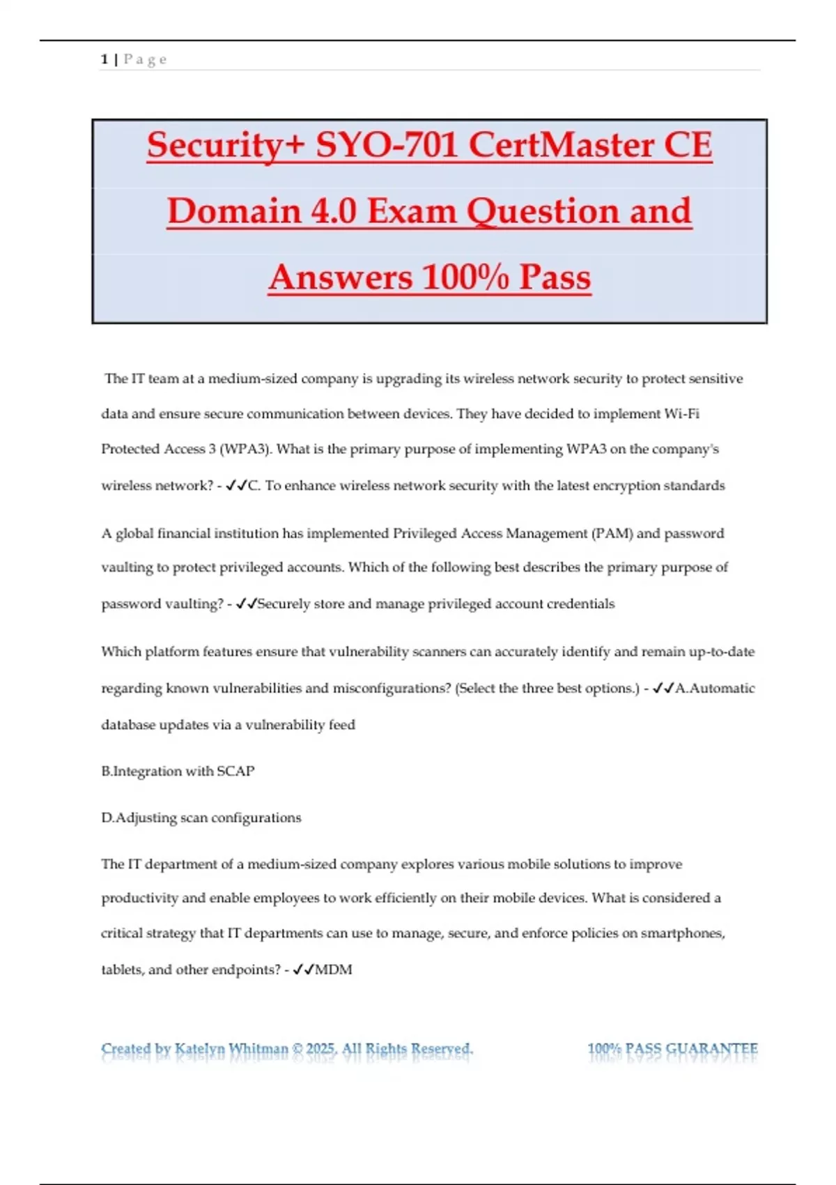 Security+ SYO-701 CertMaster CE Domain 4.0 Exam Question and Answers ...