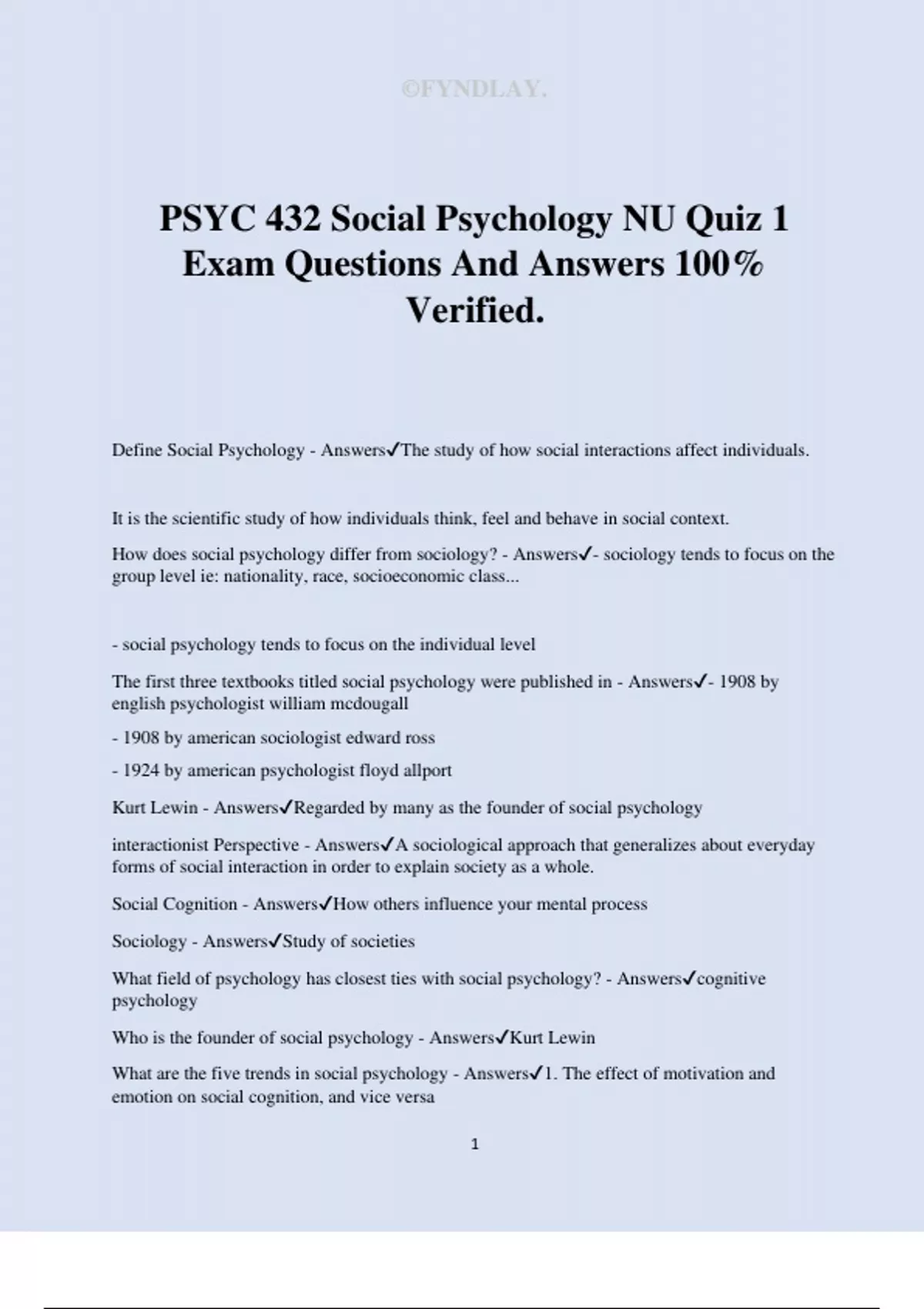 PSYC 432 Social Psychology NU Quiz 1 Exam Questions And Answers 100% ...