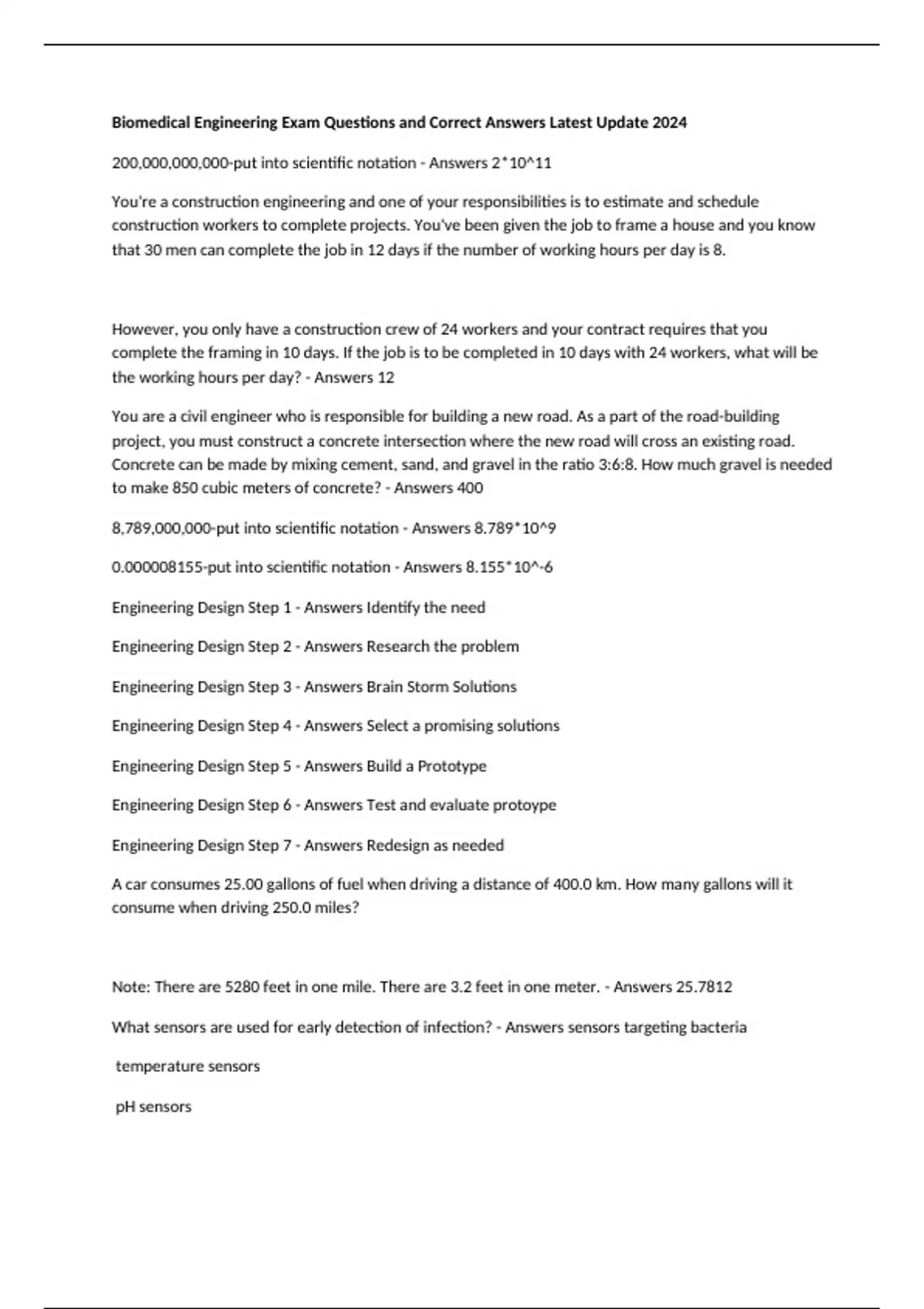 Biomedical Engineering Exam Questions and Correct Answers Latest Update ...