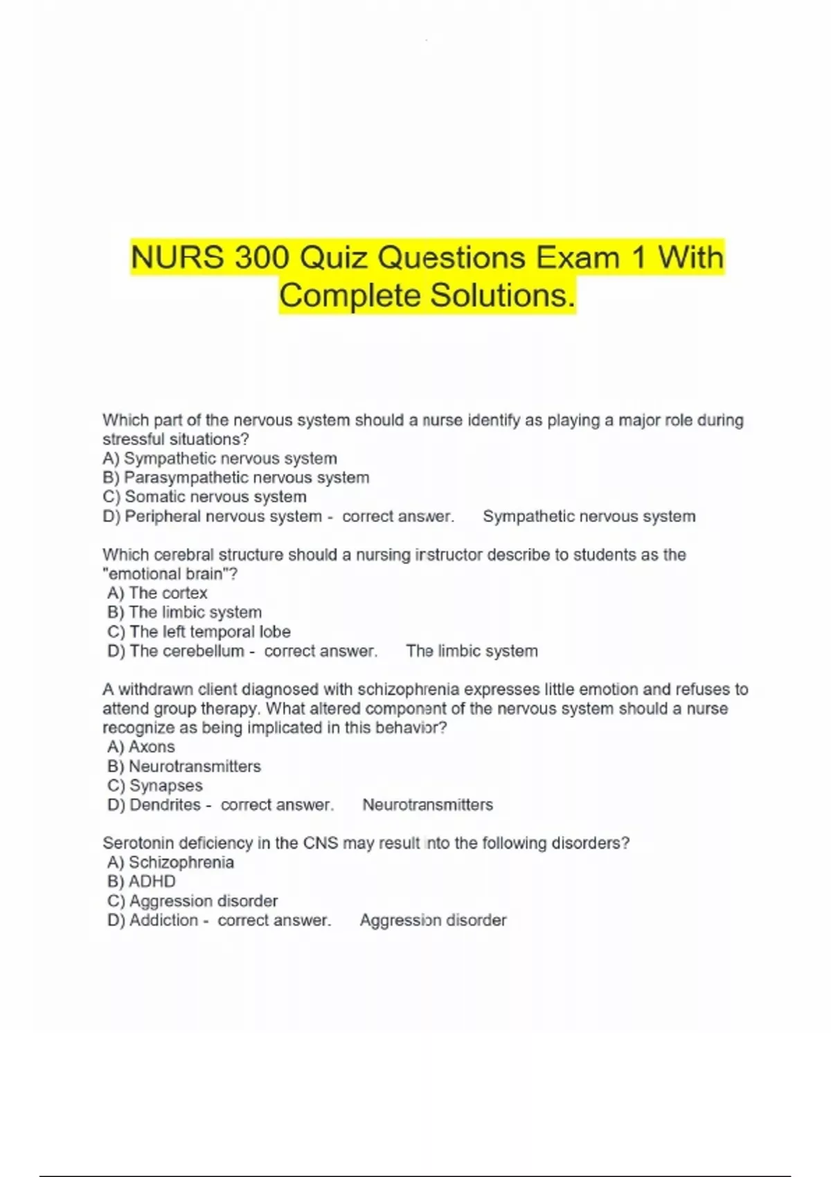 NURS 300 Quiz Questions Exam 1 With Complete Solutions. - NURS 300 ...
