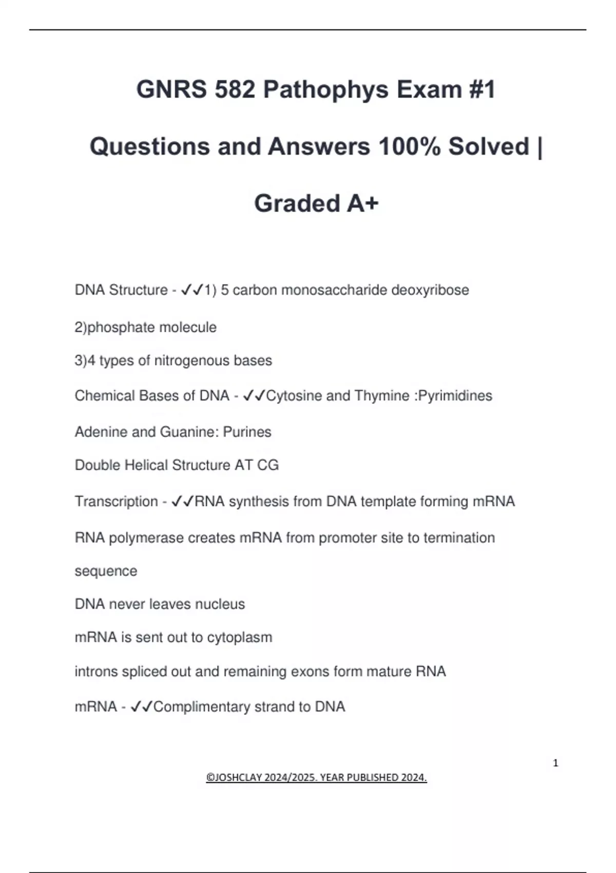 582 Sample Questions GNRS 582 Pathophys Exam #1 Questions and Answers 100% Solved | Graded ...