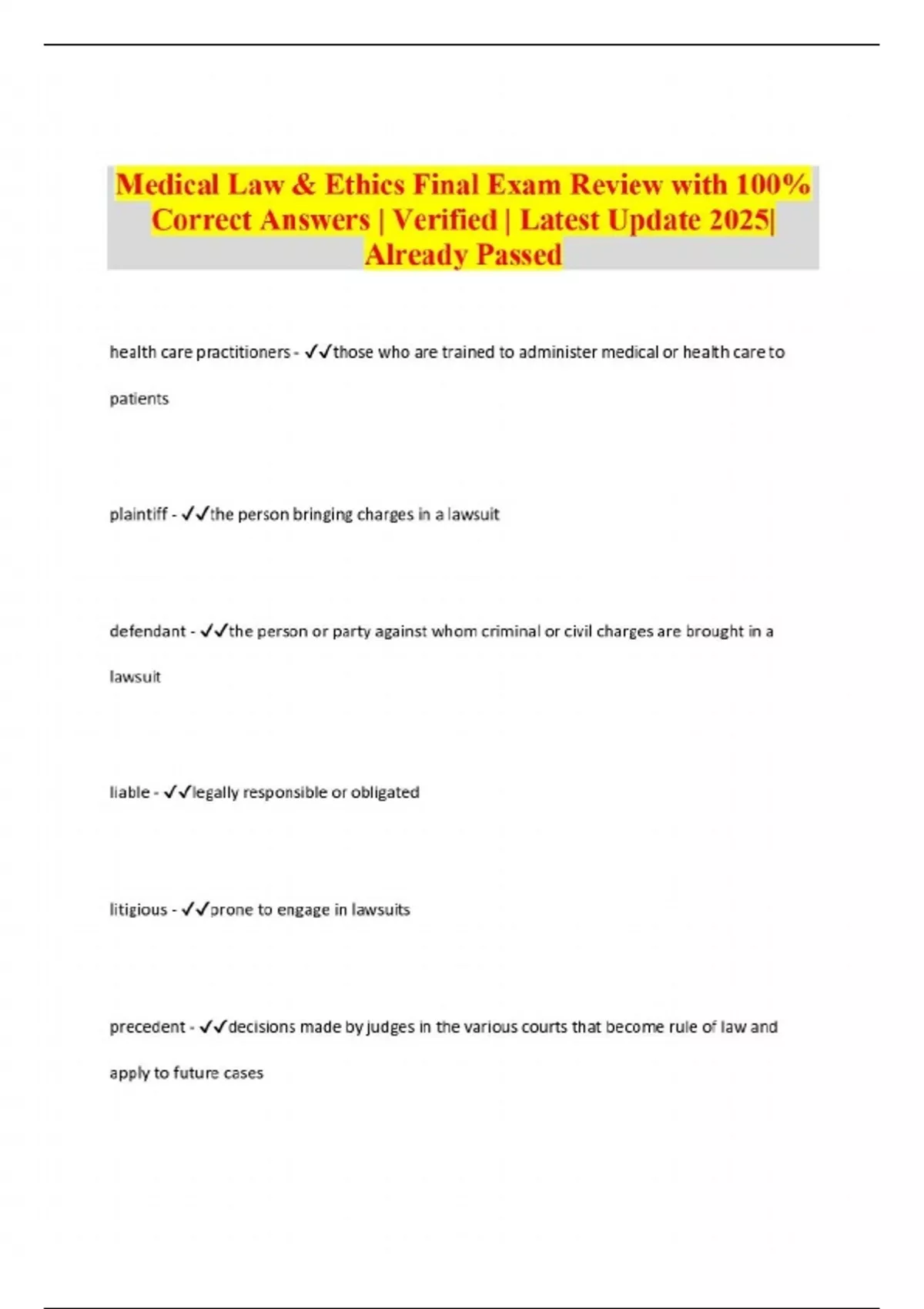 Medical Law & Ethics Final Exam Review with 100% Correct Answers ...