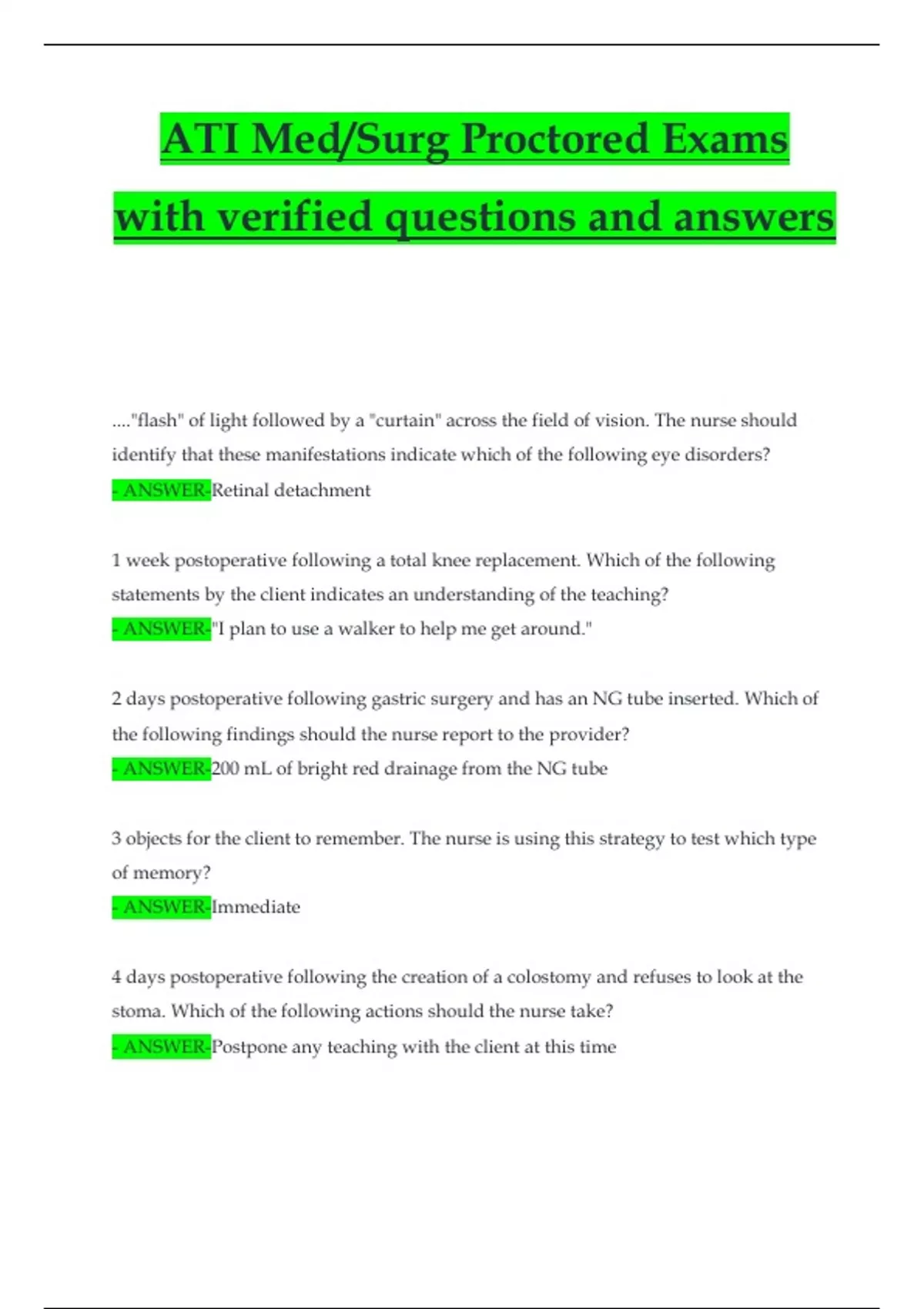 ATI MED-SURG PROCTORED EXAM FORM A COMPLETE EXAM QUESTIONS AND CORRECT ...